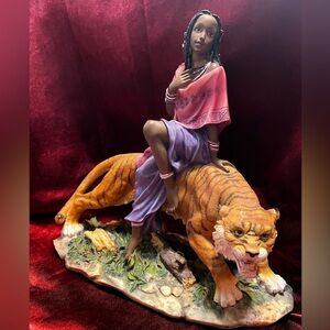Woman and Tiger Sculpture Pink and Purple Dress Sitting on Tiger Heart o…